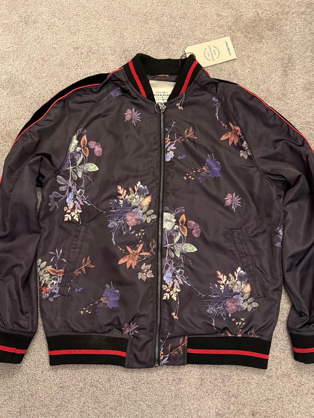 Jack & Jones Black Bomber Jacket with Floral Accents (Brand New, Never Worn)